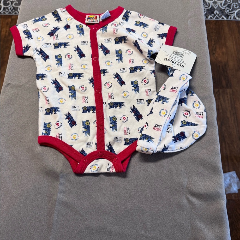 Train Pattern Bodysuit With matching hat,- Red and White